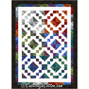 May include: A colorful quilt with a geometric pattern. The quilt features squares, diamonds, and triangles in shades of blue, green, red, and purple, set against a white background. The border is a mix of colors. The text "CastillejaCotton.com" is at the bottom.