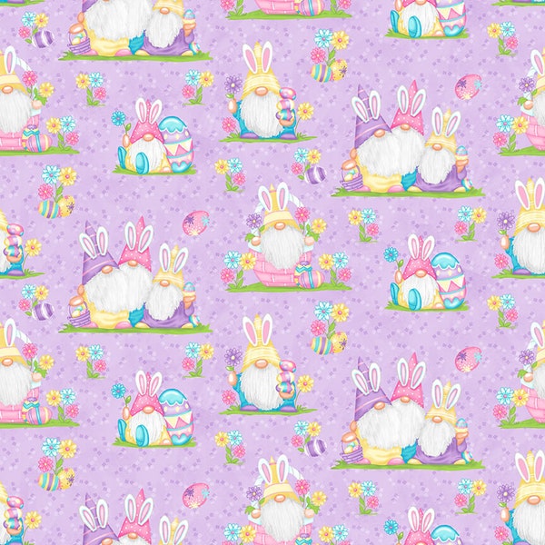 Lavender Easter Gnomies Scenic from the Hoppy Easter Gnomies Collection by Shelly Cominskey for Henry Glass - Price is per 1/2 yard