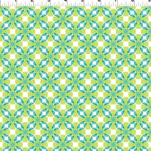May include: A repeating pattern of teal and lime green floral shapes on a white background. The design is symmetrical, with each floral element composed of multiple petal-like shapes. The pattern is suitable for fabric or wallpaper.