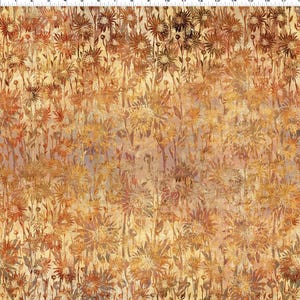 May include: A fabric with a floral pattern in shades of brown, gold, and orange. The design features stylized flowers and foliage, creating a textured, artistic look. The overall effect is reminiscent of a vintage or antique textile.