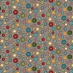 May include: A seamless pattern featuring a variety of colorful circles with different text inside, including "Honk", "Wee Hoo", "Vroom", and "Beep". The background is a light brown with a subtle diagonal pattern.
