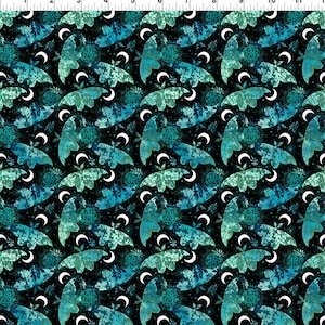 May include: A repeating pattern of teal and turquoise moths, crescent moons, and circular floral designs on a black background. The moths have detailed wing patterns, and the moons are white. The overall design has a celestial or mystical theme.