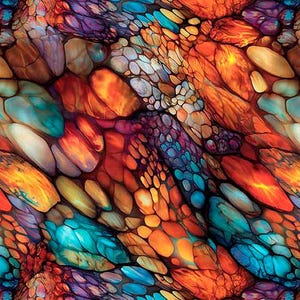 May include: A vibrant abstract pattern featuring a dense arrangement of rounded, pebble-like shapes in shades of bright orange, deep red, golden yellow, and turquoise blue, separated by dark, web-like outlines that create a textured, mosaic effect.