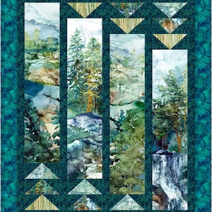 May include: A watercolor painting of a forest scene with a waterfall. The painting is framed with a teal border and features a variety of green and blue hues.