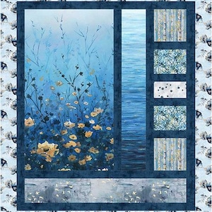 May include: A blue and white floral quilt featuring a central panel with a waterscape and wildflowers. The quilt has a dark blue border and a matching floral pattern on the edges. The design uses shades of blue, white, and yellow.