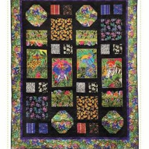 May include: A colorful, patchwork quilt with a black background and a variety of patterned squares and rectangles. The quilt features images of animals and floral designs. The text "Showcase A Pieced Quilt" and "Quilting Renditions" are visible.