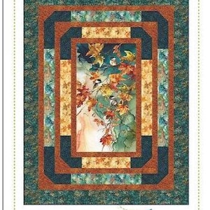 Könnte beinhalten: Ein Panel-Quilt-Muster mit dem Titel "Beveled" von Quilting Renditions. Das Quilt-Design zeigt ein zentrales Bild von Herbstblättern und Vögeln, umrahmt von Schichten aus teal, orangefarbenen und marineblauen Rechtecken. Der Text "A Confident Beginner Panel Quilt" ist ebenfalls enthalten.