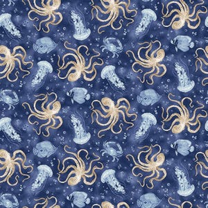 Navy Ocean Life Toss from the Cobalt Seas Collection by Andrea Tachiera for Henry Glass - Priced by the 1/2 yard