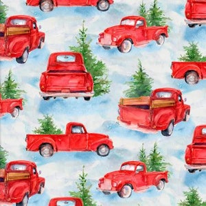 Vintage Red Trucks from the Snowfall On The Range Collection by John Keeling for 3 Wishes Fabric - Sold by the 1/2 yard