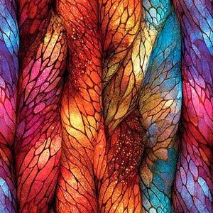 May include: A textile pattern featuring vertical, undulating columns with a vibrant, multi-colored stained glass effect. The design displays intricate, dark, vein-like webbing over gradients of red, orange, yellow, blue, and purple hues.