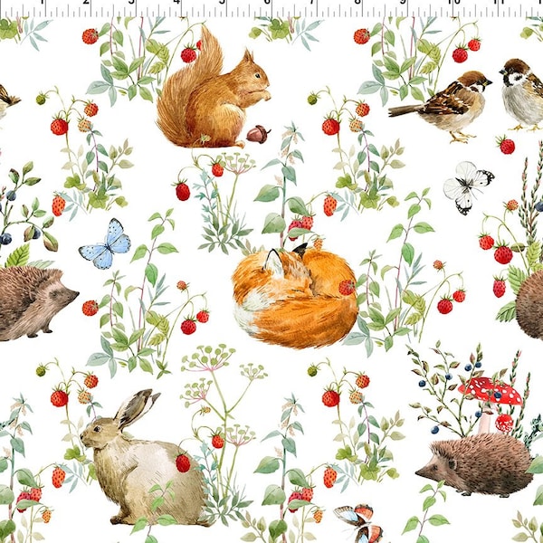 Animals on White from the Hedgehog Hollow Collection by Jason Yenter for In The Beginning Fabrics - Price is per half yard - 3HH1