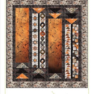 May include: A quilt pattern titled "Ingots" for confident beginners. The quilt features a Halloween theme with orange and black colors, bat silhouettes, and geometric shapes. The pattern is from Quilting Renditions.
