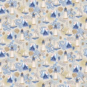Beige Coastal Collage from the Cobalt Seas Collection by Andrea Tachiera for Henry Glass - Priced by the 1/2 yard