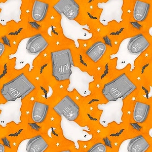 Glow Orange Tossed Ghosts from the Nights of Olde Salem Collection-Glow in the Dark by Shelly Comiskey for Henry Glass-Sold by the 1/2 yard