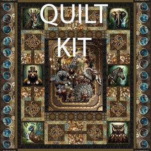 May include: A quilt kit featuring a steampunk animal design. The quilt showcases a central panel with a giraffe, zebra, elephant, and other animals. The design includes a border with gears and animal portraits, with the words "QUILT KIT" in white.