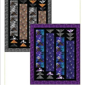 May include: A quilt pattern called "Ingots" with a Halloween theme. The pattern features a black and white background with a purple and blue background. The quilt pattern is a beginner pieced quilt.