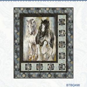May include: A quilting pattern featuring two horses, one white and one black, with a blue and gray background. The pattern is titled "Main Attraction" and is from Bound to Be Quilting.