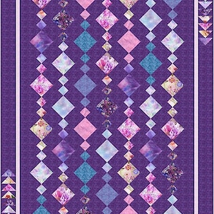 May include: A purple quilt with a diamond pattern. The diamonds are made of various floral fabrics in shades of pink, blue, and white. The quilt is bordered with a white frame and a row of triangles in shades of blue and pink.