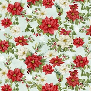 Mint Poinsettias from the Medley in Red Collection by Susan Winget for Wilmington Prints - Sold in 1/2 yard increments-42/43&quot; width