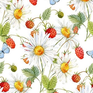 Daisies & Berries - White from the Hedgehog Hollow Collection by Jason Yenter for In The Beginning Fabrics - Price is per half yard - 6HH1
