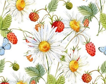 Daisies & Berries - White from the Hedgehog Hollow Collection by Jason Yenter for In The Beginning Fabrics - Price is per half yard - 6HH1