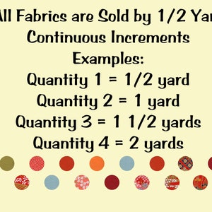 May include: Text on a cream background states "All Fabrics are Sold by 1/2 Yard Continuous Increments." Examples are given for fabric quantities. A decorative border of colorful circles with various patterns is at the bottom.