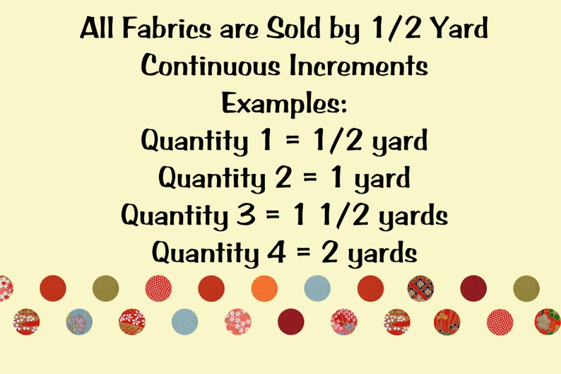 May include: Text on a cream background states "All Fabrics are Sold by 1/2 Yard Continuous Increments." Examples are given for fabric quantities. A decorative border of colorful circles with various patterns is at the bottom.