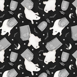 Glow Black Tossed Ghosts from the Nights of Olde Salem Collection-Glow in the Dark by Shelly Comiskey for Henry Glass-Sold by the 1/2 yard