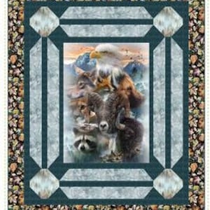 May include: A quilting pattern titled "Sliders: A Versatile Panel Quilt" featuring a colorful image of animals in a forest setting. The pattern is designed by Quilting Renditions.