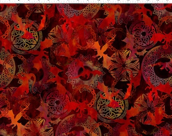 May include: Red and gold fabric with a repeating pattern of dragons and Celtic knotwork designs. The dragons are silhouetted and the knotwork is intricate.