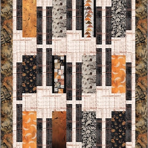 Puede incluir: Un edredón con temática de Halloween con un diseño de patchwork. El edredón presenta paneles rectangulares con varios patrones, incluyendo murciélagos, calaveras, calabazas y formas geométricas. La paleta de colores incluye naranja, negro, gris y crema, con un borde texturizado.