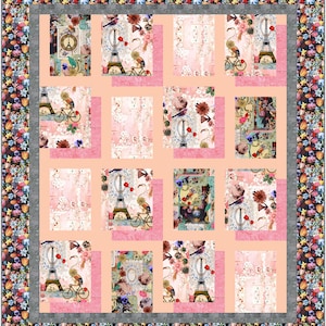 May include: A patchwork quilt featuring a Parisian theme. The quilt showcases images of the Eiffel Tower, birds, bicycles, and floral patterns in shades of pink, peach, and gray. The border is a floral print.