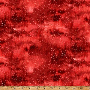 May include: Red fabric with a mottled pattern and small white dots. The fabric has a textured appearance, with darker red areas creating depth. The dots are evenly spaced across the surface, adding a subtle sparkle. The fabric is suitable for various craft projects.