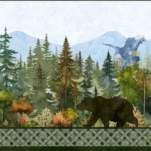 May include: A wallpaper border featuring a watercolor forest landscape with pine trees, mountains, and wildlife including a moose, deer, bear, and eagle. The bottom edge has a dark green and blue plaid pattern with a thin gold line accent.