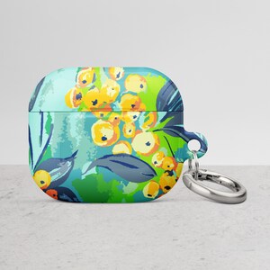 Artistic botanical abstract Airpod case, painterly blueberry branch wireless headphone cover, designer earbud pro 3 protective keychain