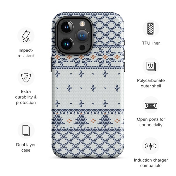 Pull Fair Isle bleu et blanc Tough Case pour iPhone 15+ pro max, joli cadeau de Noël contemporain des Fêtes Accessoires Apple
