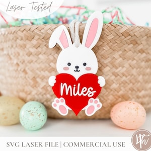Etichette personalizzate per cestini pasquali / Etichetta coniglietto con cuore / File SVG pronti per il taglio laser / SVG pasquale personalizzato / Download digitale di etichette con nome pasquale