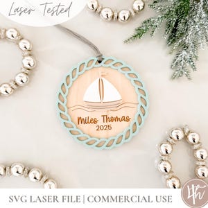 Sailboat in Waves Ornament | Personalized| Laser Cut Files | Glowforge SVG | Laser Christmas SVG | Wood Acrylic File | Christmas Wreath SVG