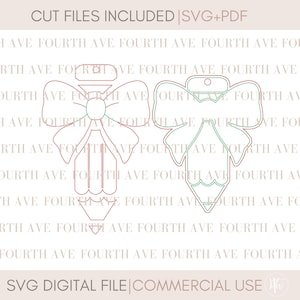 May include: Two vector cut files, one a perfume bottle shape and the other a pencil shape, both with bow accents. The designs are outlined in red and green. Text at the top reads "CUT FILES INCLUDED | SVG+PDF". The bottom text reads "SVG DIGITAL FILE | COMMERCIAL USE".