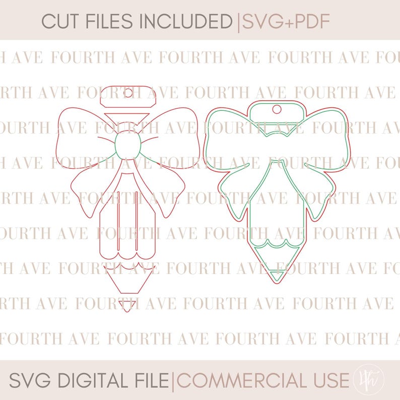 May include: Two vector cut files, one a perfume bottle shape and the other a pencil shape, both with bow accents. The designs are outlined in red and green. Text at the top reads "CUT FILES INCLUDED | SVG+PDF". The bottom text reads "SVG DIGITAL FILE | COMMERCIAL USE".