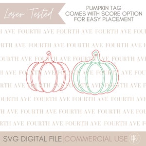 May include: Two pumpkin shaped tags, one red and one green, with the text "PUMPKIN TAG COMES WITH SCORE OPTION FOR EASY PLACEMENT" at the top. The tags are designed for easy cutting and assembly.