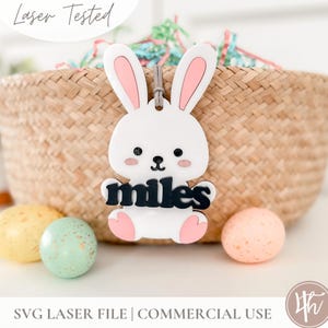 Étiquettes personnalisées pour panier de Pâques | Médaille lapin en acrylique | Fichiers SVG prêts à être découpés au laser | SVG de Pâques personnalisé | Étiquettes de nom de Pâques en téléchargement numérique