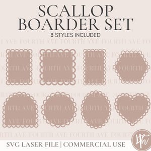 Puede incluir: Un conjunto de diseño digital con ocho estilos de bordes festoneados en varias formas, incluyendo rectángulos, círculos y un corazón. El texto "SCALLOP BOARDER SET" y "8 STYLES INCLUDED" se muestra en la parte superior.