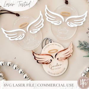 Ornamento ali d'angelo commemorativo - 3 design / File personalizzati / tagliati al laser / Glowforge SVG / File di Natale laser SVG / File in legno acrilico