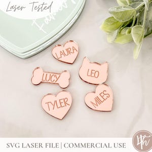 May include: Five laser-cut acrylic pet name tags in various shapes, including a bone, heart, and cat. The tags are a light pink color with gold lettering. The names on the tags are "Lucy", "Laura", "Leo", "Miles", and "Tyler".
