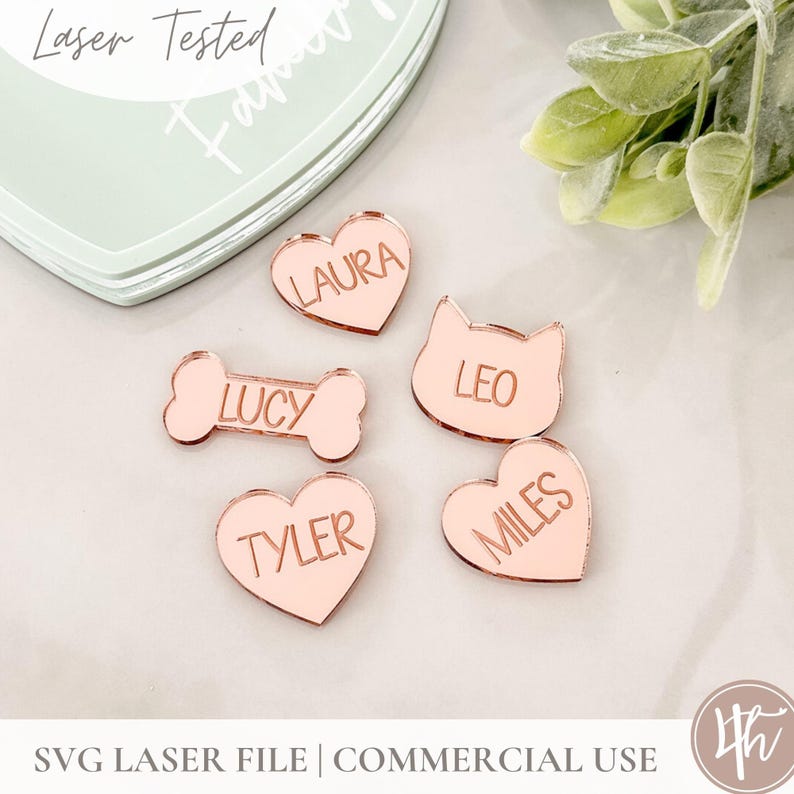May include: Five laser-cut acrylic pet name tags in various shapes, including a bone, heart, and cat. The tags are a light pink color with gold lettering. The names on the tags are "Lucy", "Laura", "Leo", "Miles", and "Tyler".