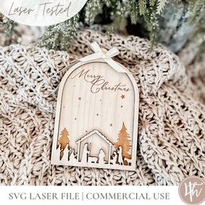 Bola de nieve para la Natividad / Archivos cortados con láser / Glowforge SVG / Archivos navideños SVG para láser / Adornos de madera 3D / Archivo cortado de madera y acrílico