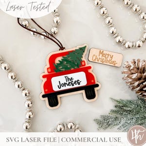 Rood vrachtwagenornament | Gepersonaliseerd| Lasergesneden bestanden | Glowforge-svg | Laser kerstbestanden SVG | 3D houten ornamenten | Houten acrylbestand
