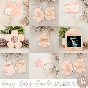 Ensemble bébé marguerite SVG | Décoration de gâteau de premier anniversaire SVG | Glowforge SVG | Fichiers laser | Idées cadeaux pour baby shower | Svg marguerite