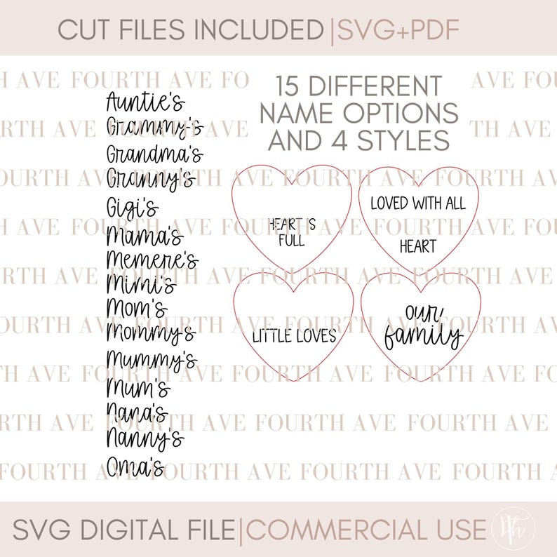 May include: A digital download of 15 different name options and 4 styles of heart-shaped designs. The names include "Auntie's", "Grammy's", "Grandma's", "Granny's", "Gigi's", "Mama's", "Memere's", "Mimi's", "Mom's", "Mommy's", "Mummy's", "Mum's", "Nana's", "Nanny's", and "Oma's". The heart designs include "Heart is Full", "Loved with All Heart", "Little Loves", and "Our Family".